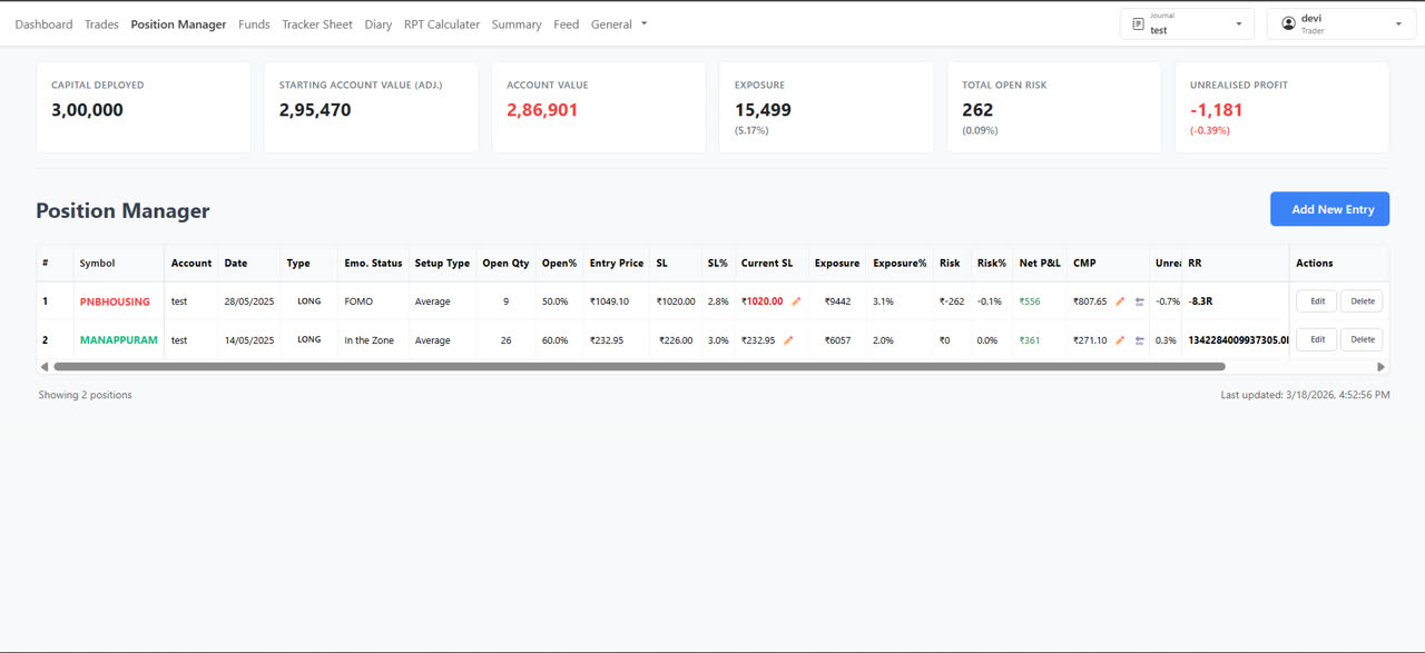 Portfolio dashboard screen with account summary and trading metrics