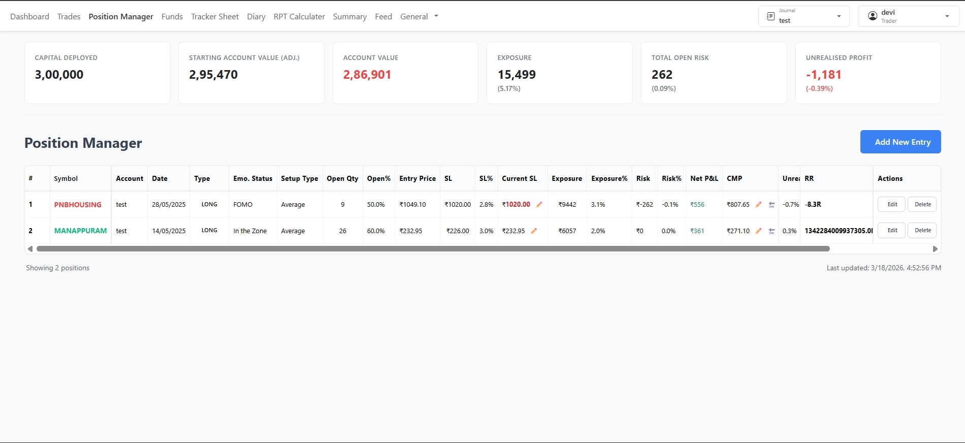 Portfolio dashboard screen with account summary and trading metrics